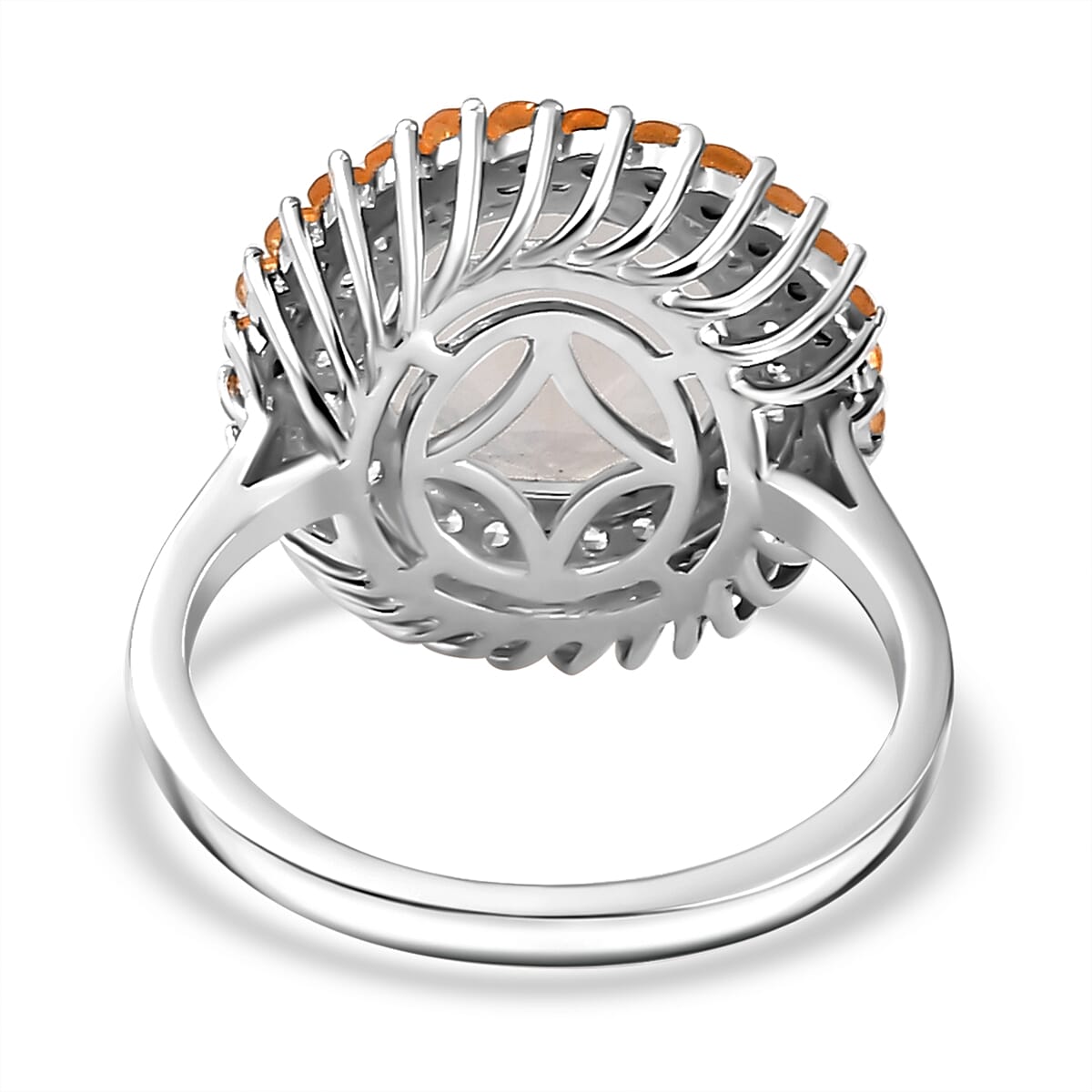 Moon Glow Moonstone, Fire Opal & Natural Zircon Halo Ring in Rhodium Overlay Sterling Silver 4.40 Ct.