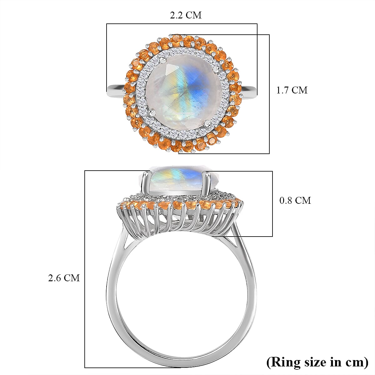 Moon Glow Moonstone, Fire Opal & Natural Zircon Halo Ring in Rhodium Overlay Sterling Silver 4.40 Ct.