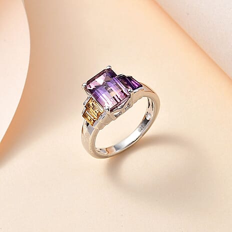 Ametrine, Citrine & Amethyst Ring in Rhodium Overlay Sterling Silver  3.13 Ct