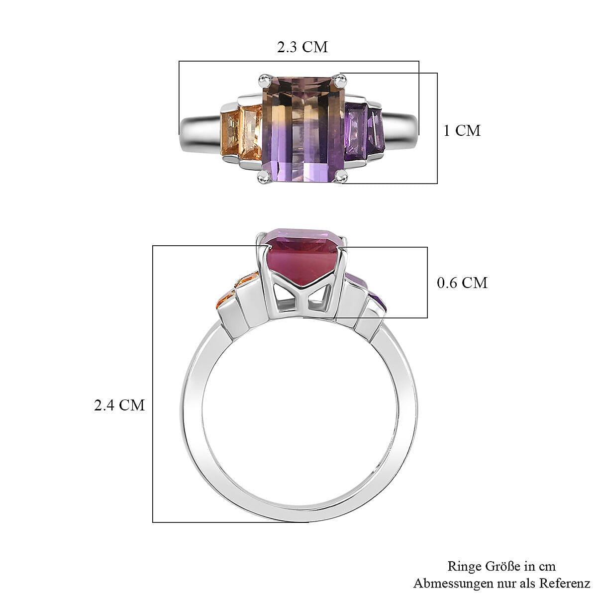 Ametrine,Citrine & Amethyst Ring in Rhodium Overlay Sterling Silver 3.13 Ct Ametrine,Citrine & Amethyst Ring in Rhodium Overlay Sterling Silver 3.13 Ct