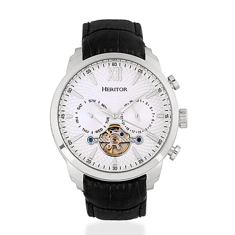 HERITOR Arthur Automatic Movt. 5ATM Water Resistant White Dial Mens Watch with Black Colour Leather Strap and Silver-Tone Case