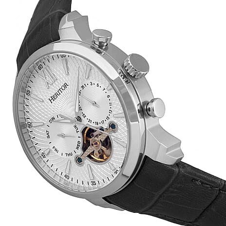 HERITOR Arthur Automatic Movt. 5ATM Water Resistant White Dial Mens Watch with Black Colour Leather Strap and Silver-Tone Case