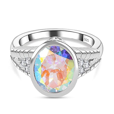 Mercury Mystic Topaz & Natural Zircon Ring in Rhodium Overlay Sterling Silver 4.30 Ct, Silver Wt. 5.30 Gms