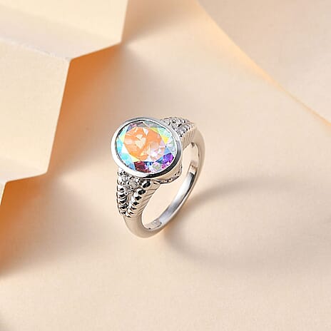 Mercury Mystic Topaz & Natural Zircon Ring in Rhodium Overlay Sterling Silver 4.30 Ct, Silver Wt. 5.30 Gms