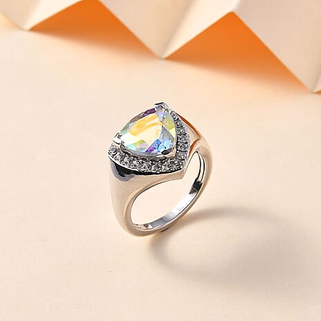 Mercury Mystic Topaz & Natural Zircon Heart Ring in Rhodium Overlay Sterling Silver 4.28 Ct