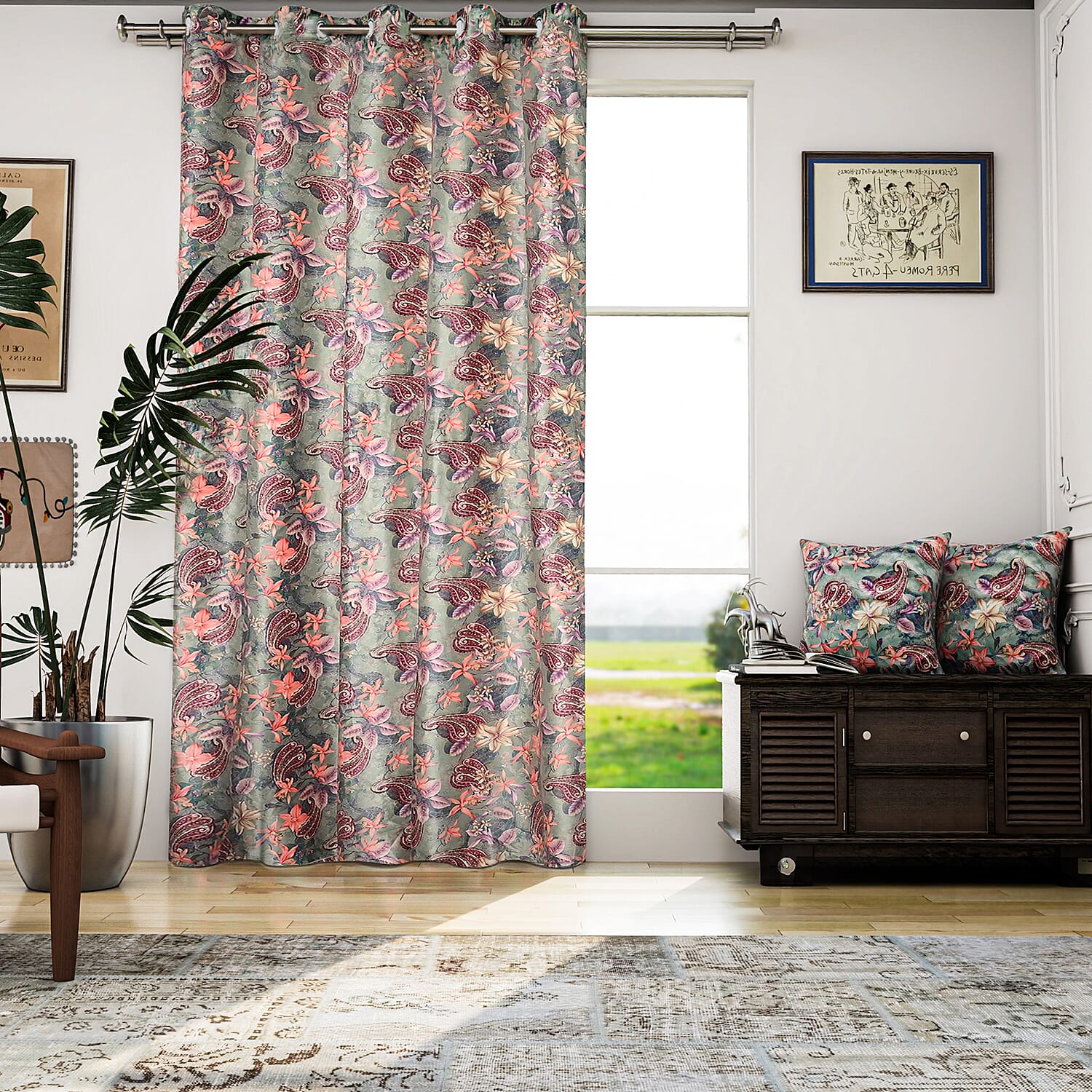 Floral Curtain 2 Panels - Cushion Cover 2pcs Velvet Curtain 228cm x168cm 2pcs Cushion Cover 45x45cm 2pcs With Invisible Zipper & Pipping - Pink