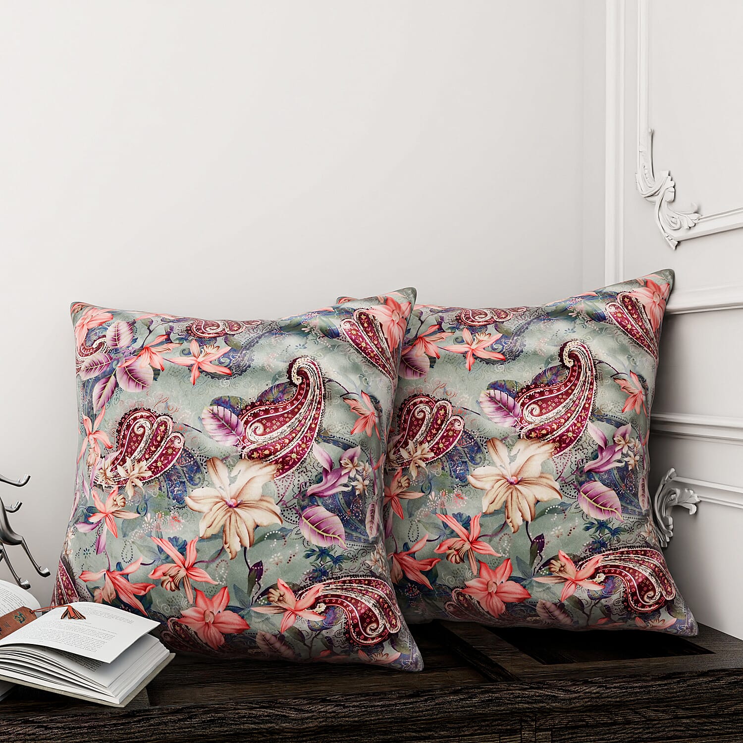 Floral Curtain 2 Panels - Cushion Cover 2pcs Velvet Curtain 228cm x168cm 2pcs Cushion Cover 45x45cm 2pcs With Invisible Zipper & Pipping - Pink