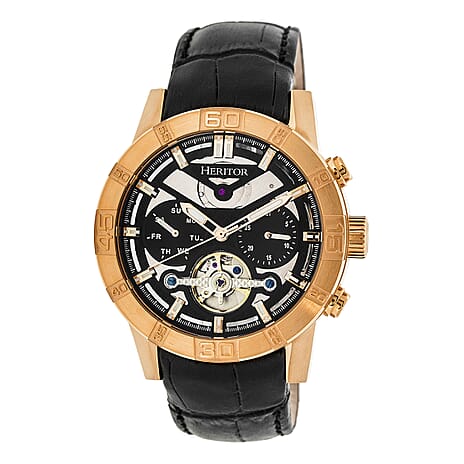 Heritor Automatic Hannibal Black Analog Dial 5 ATM Mens Watch in Black Genuine Leather Strap