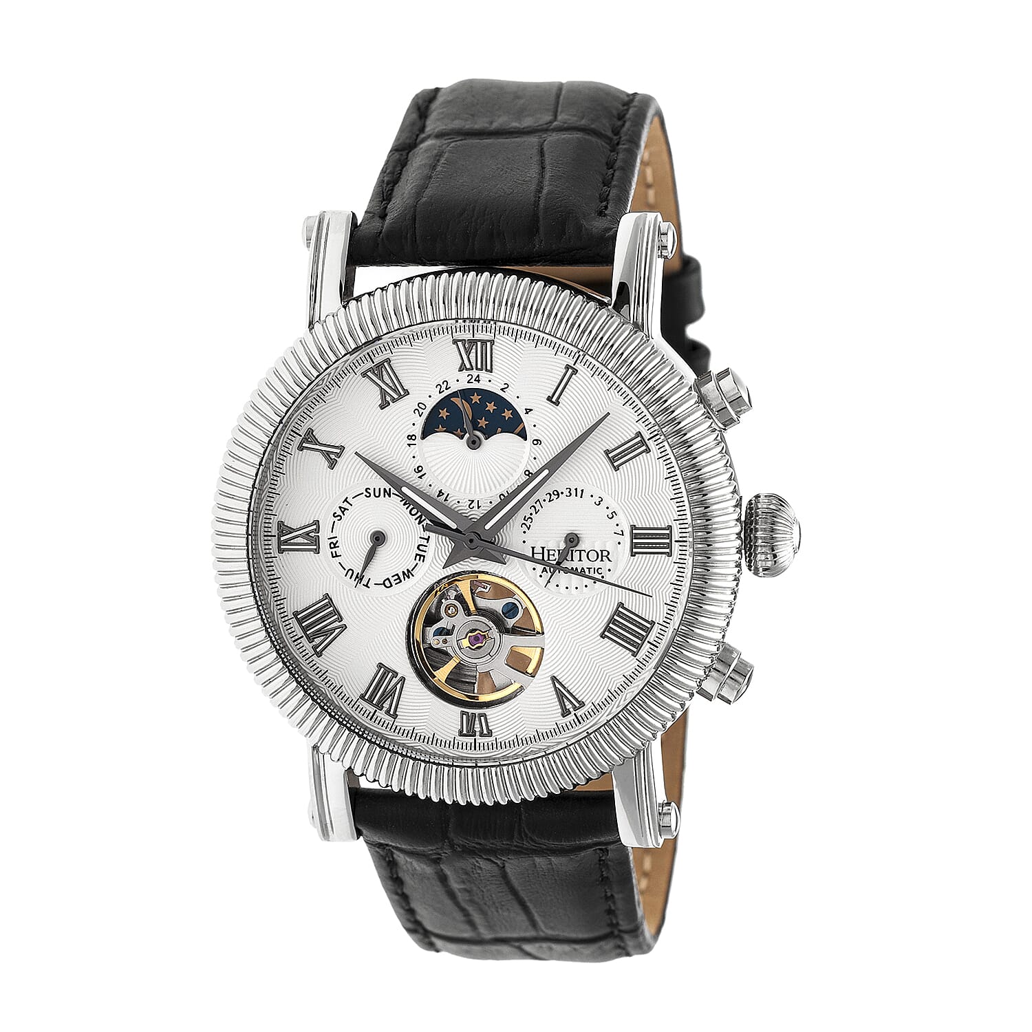 Heritor Automatic Winston White Analog Dial Black Hand 5 ATM Mens Watch in Black Genuine Leather Strap