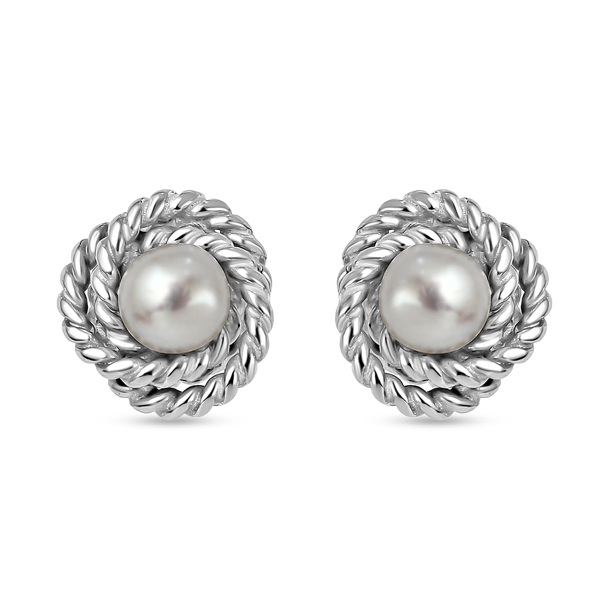 Rhodium Overlay Sterling Silver Fresh Water Pearl Knot Earrings