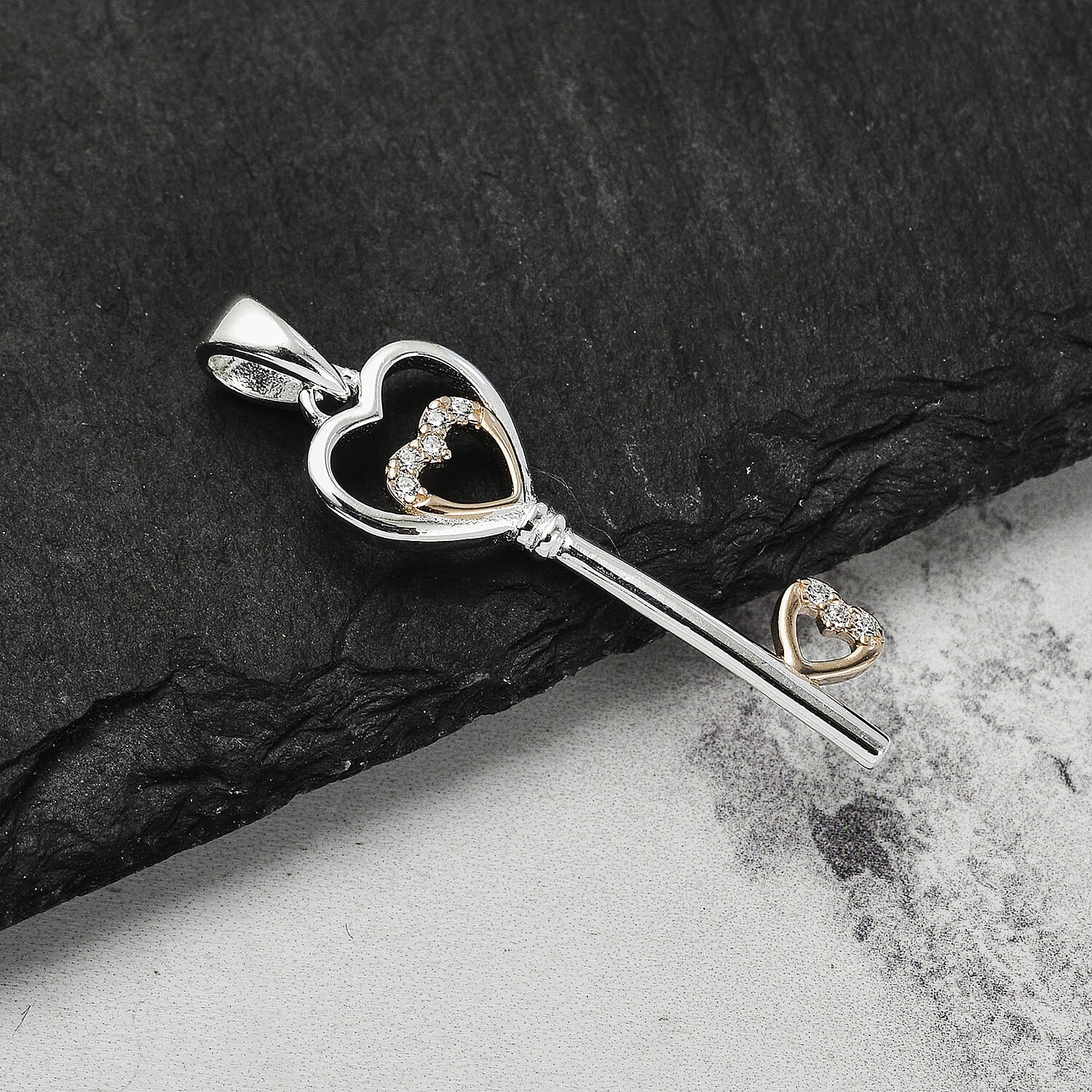 NY Closeout Deal - Sterling Silver Heart Key Pendant with Cubic Zirconia