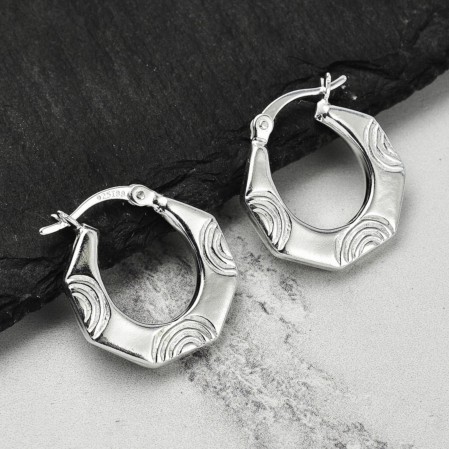 Textured Hexagon Creole Hoop Earrings in Sterling Silver