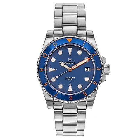Heritor Automatic Luciano Blue Dial Silver - Orange Hand 20 ATM Mens Watch in Silver Stainless Steel Chain Strap