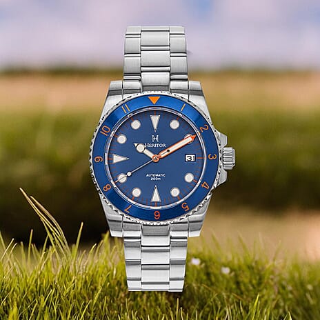 Heritor Automatic Luciano Blue Dial Silver - Orange Hand 20 ATM Mens Watch in Silver Stainless Steel Chain Strap
