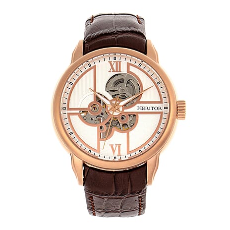 HERITOR Sanford Automatic Movt. 5ATM Water Resistance White Dial Mens Watch with Brown Leather Strap