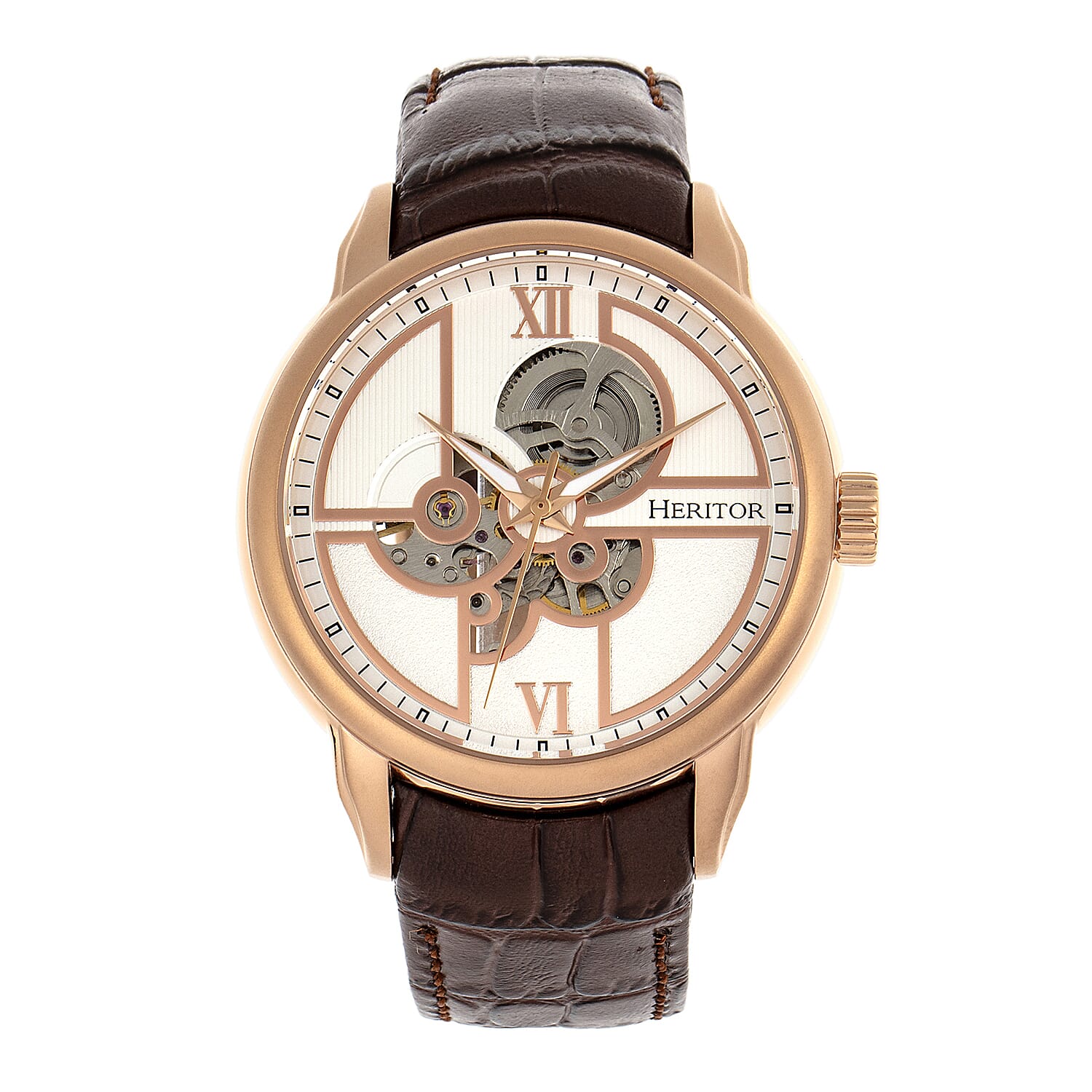 Heritor Automatic Sanford White Analog Dial 5 ATM Mens Watch in Brown Genuine Leather Strap