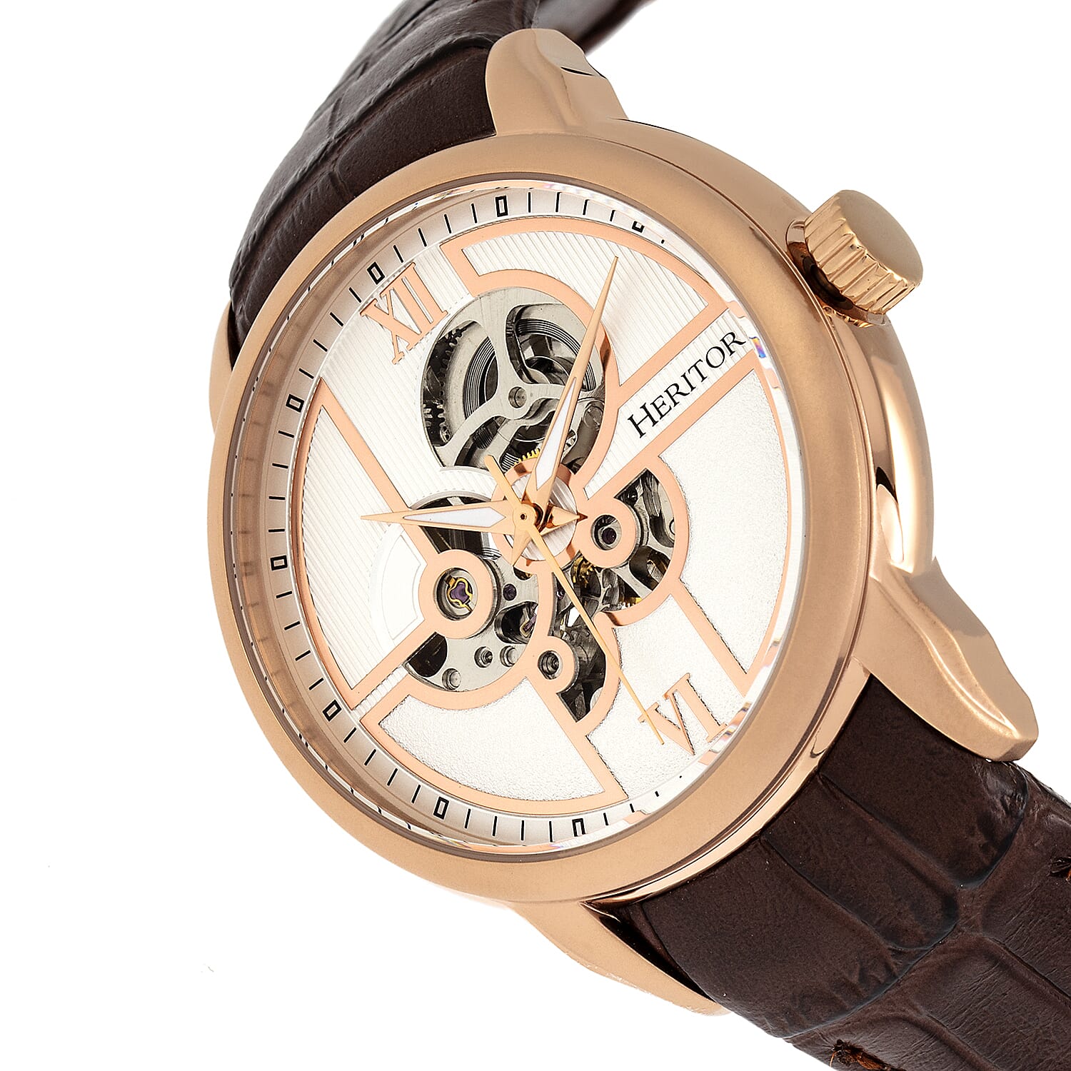 Heritor Automatic Sanford White Analog Dial 5 ATM Mens Watch in Brown Genuine Leather Strap