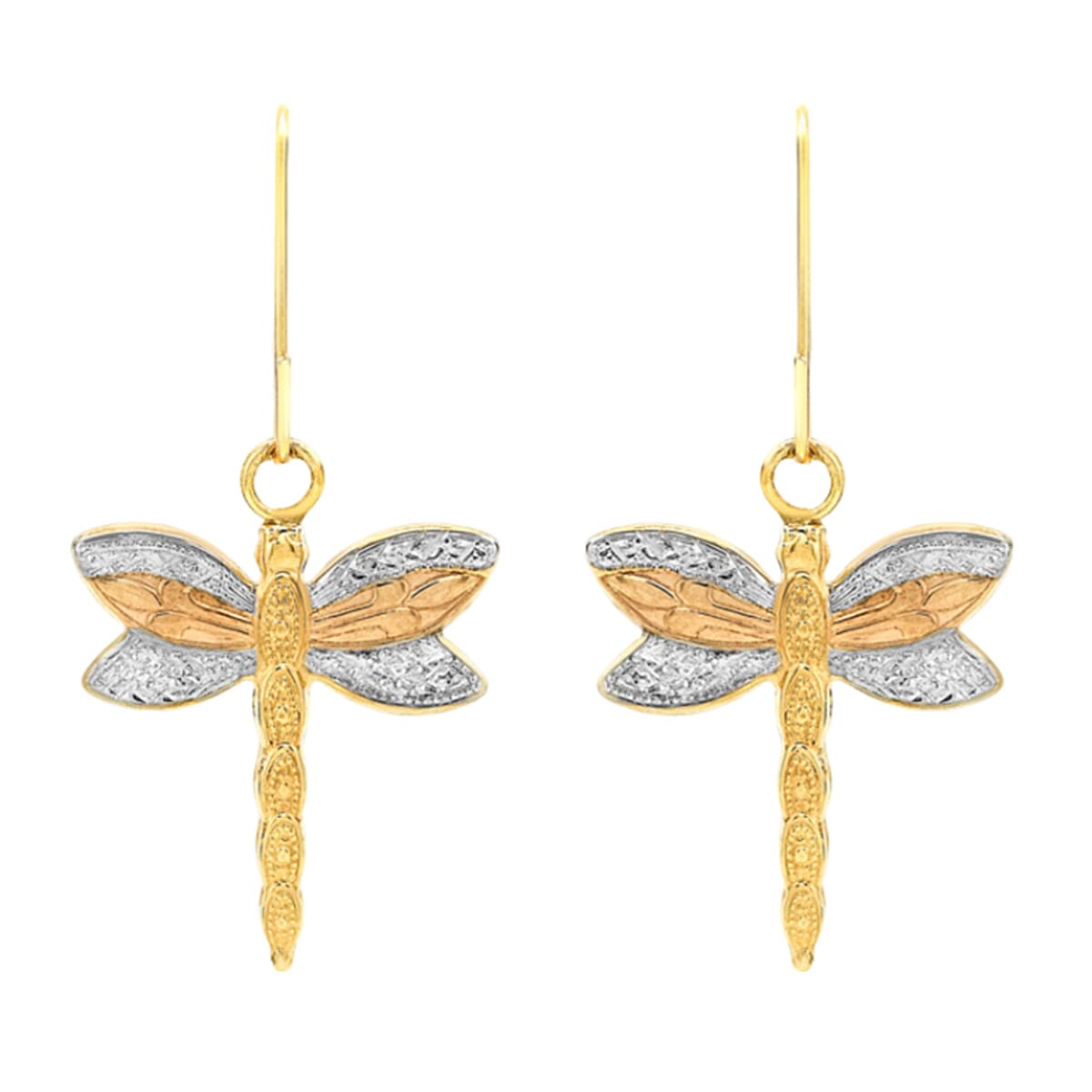 9K Yellow-White-Rose Gold Dragonfly Drop Earrings