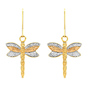 9K Yellow-White-Rose Gold Dragonfly Drop Earrings