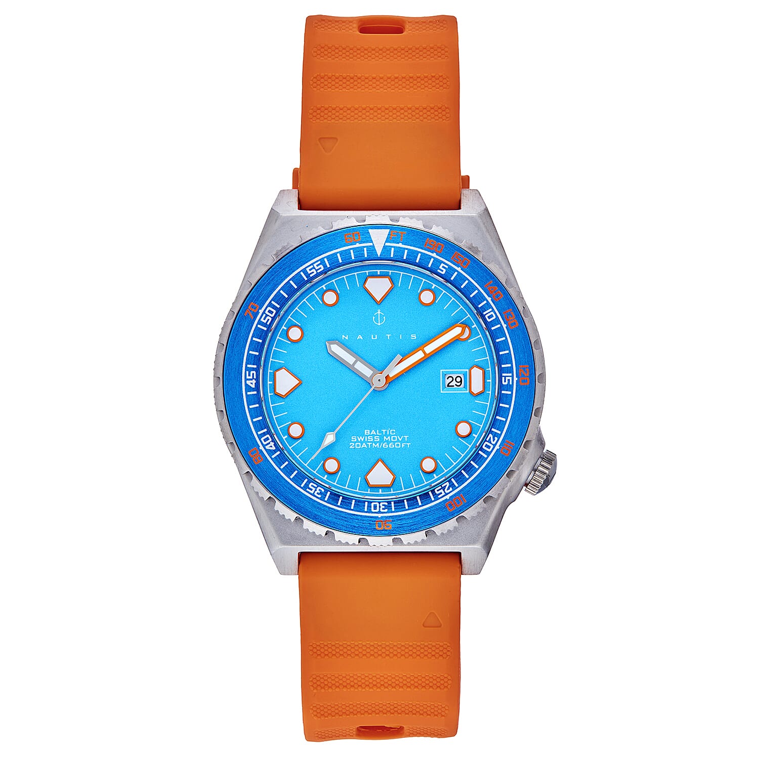 Nautis Baltic Swiss Quartz Movt. Blue Analog Dial 20 ATM Mens Watch with Orange Strap