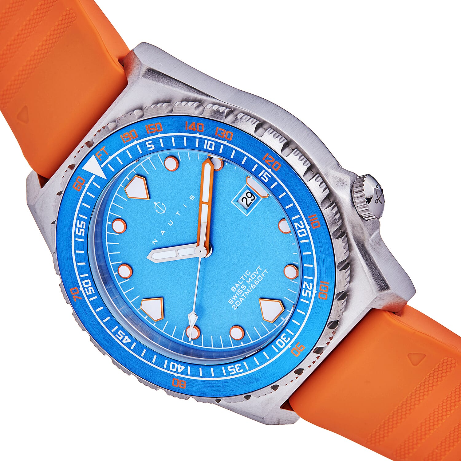 Nautis Baltic Swiss Quartz Movt. Blue Analog Dial 20 ATM Mens Watch with Orange Strap