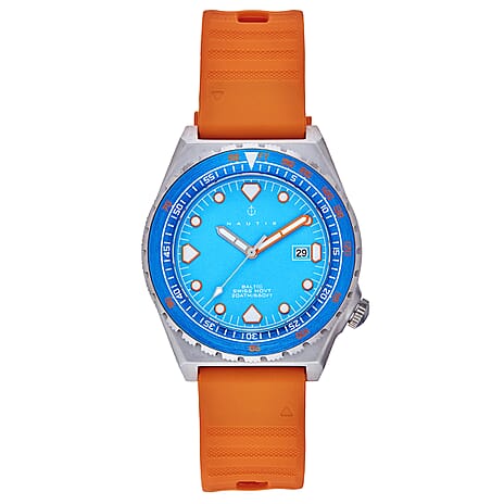 Nautis Baltic Swiss Quartz Movt. Blue Analog Dial 20 ATM Mens Watch with Orange Strap