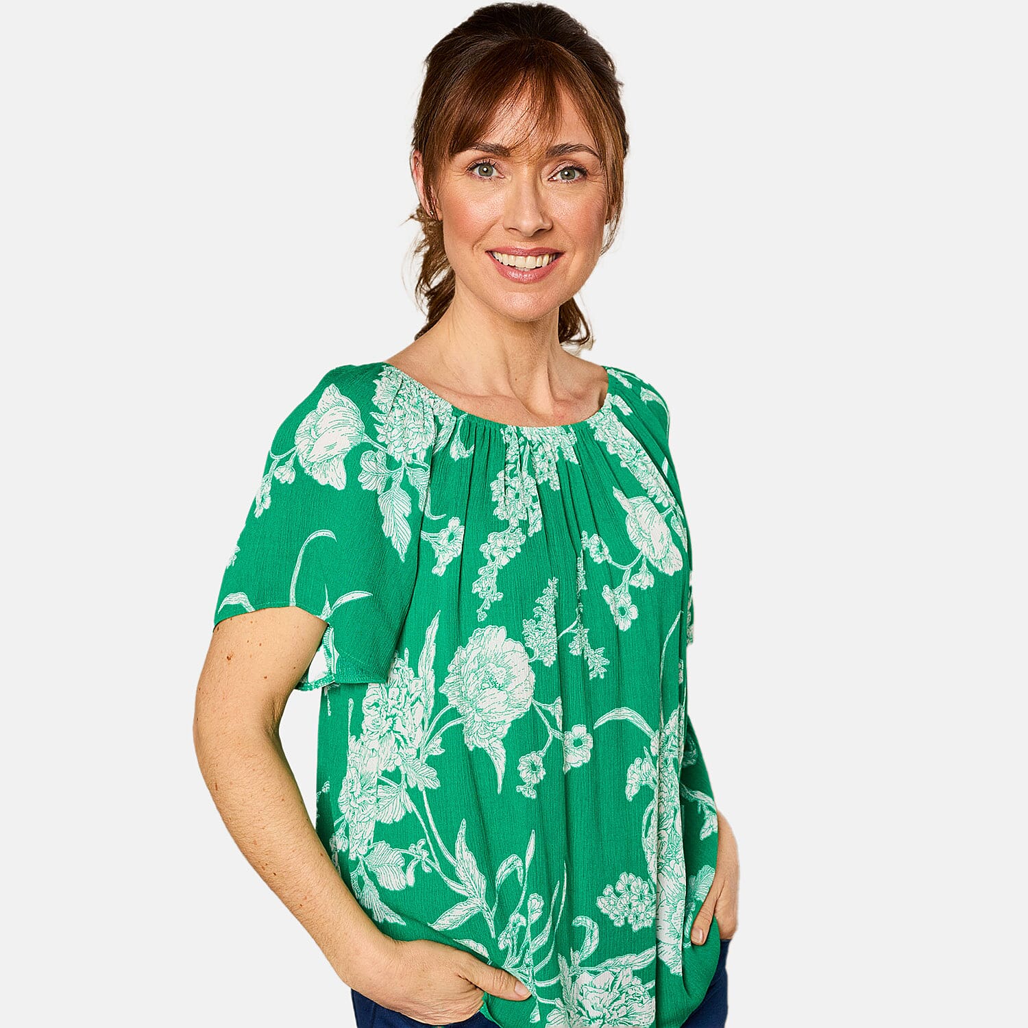 Emreco Short Sleeve Print Off Shoulder Top (Size 12) - Emerald