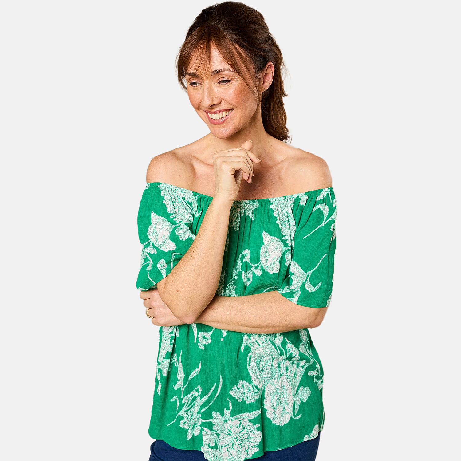 Emreco Short Sleeve Print Off Shoulder Top (Size 12) - Emerald