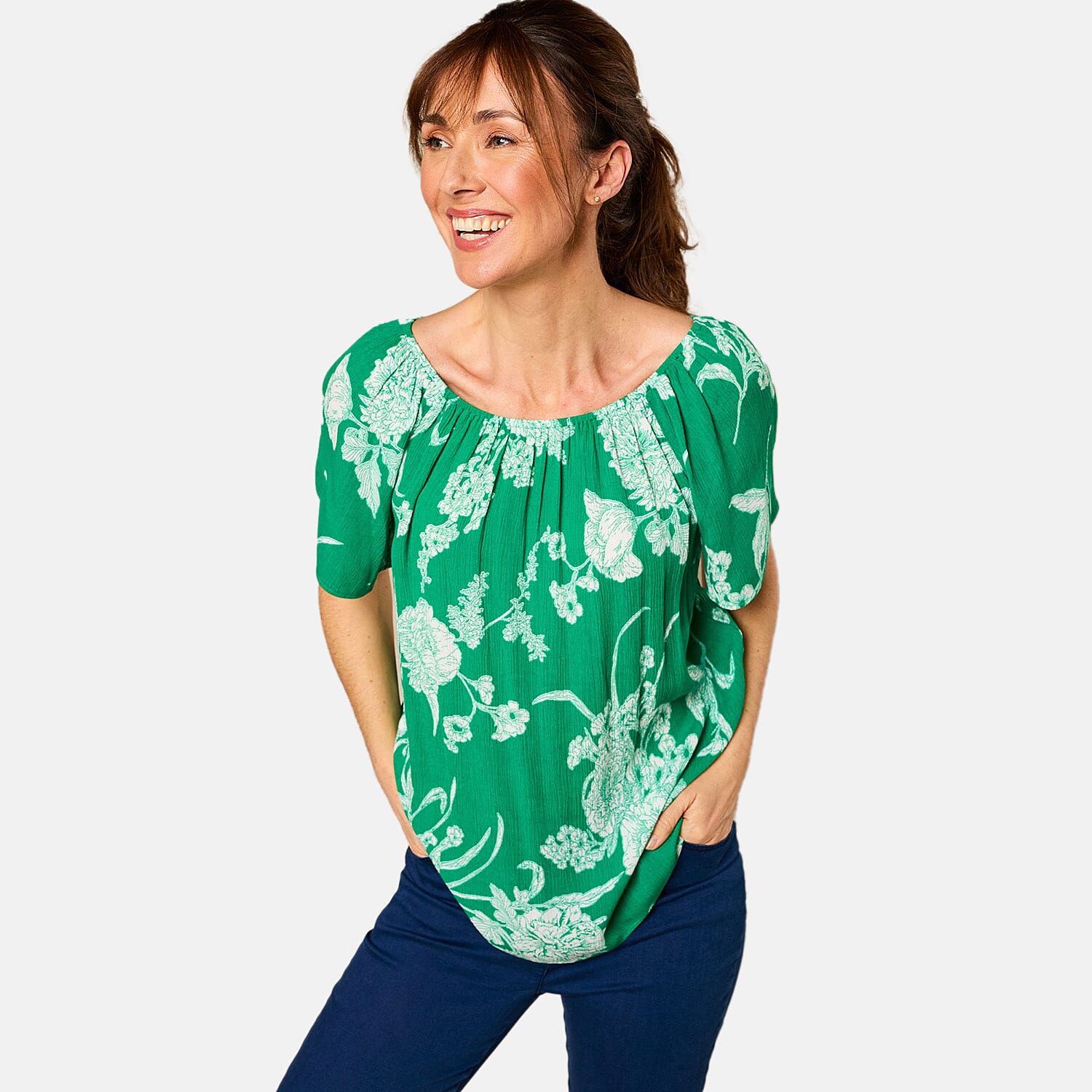 Emreco Short Sleeve Print Off Shoulder Top (Size 10) - Emerald