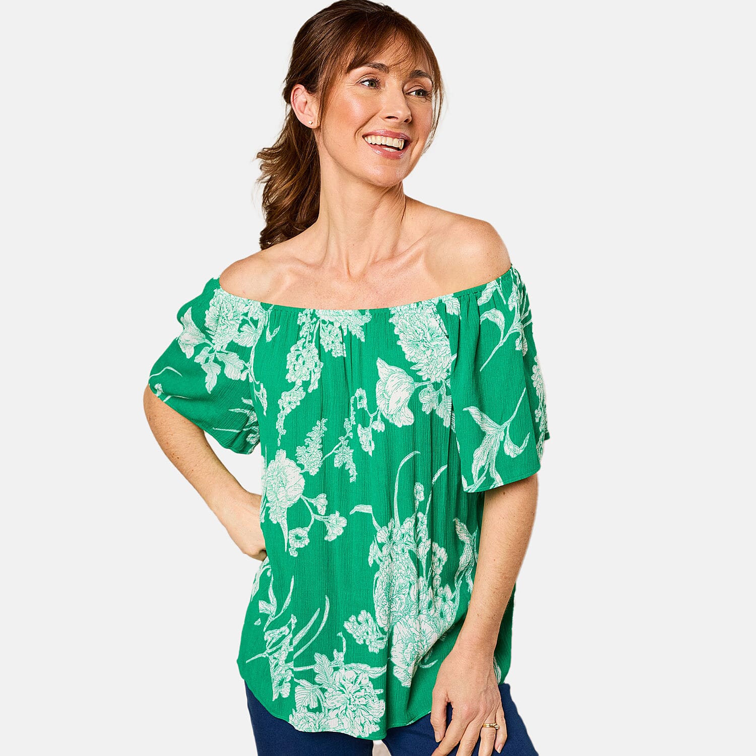 Emreco Short Sleeve Print Off Shoulder Top (Size 10) - Emerald