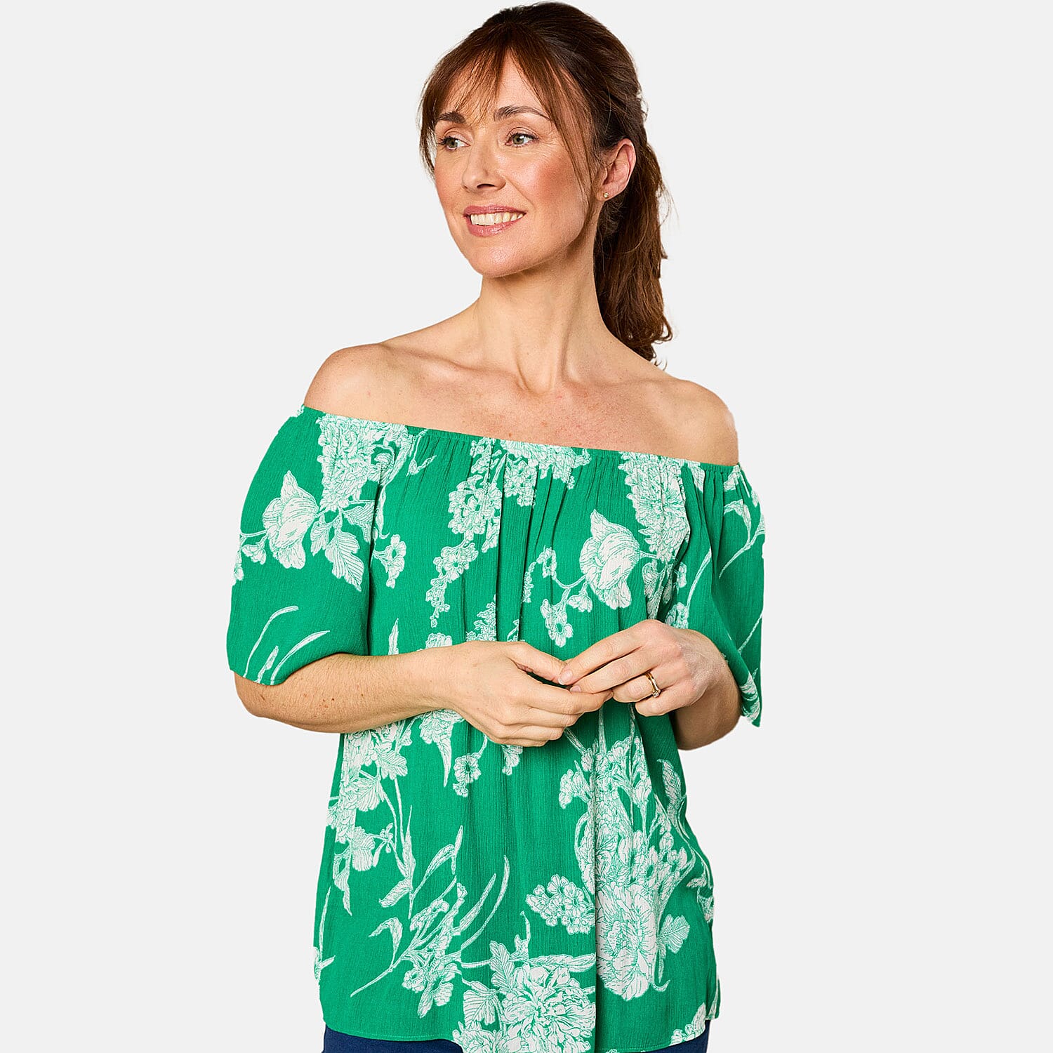 Emreco Short Sleeve Print Off Shoulder Top (Size 10) - Emerald