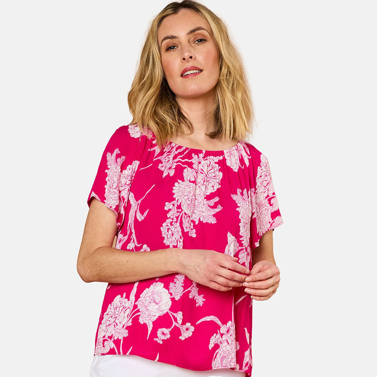 Emreco Short Sleeve Print Off Shoulder Top (Size 12) - Hot Pink