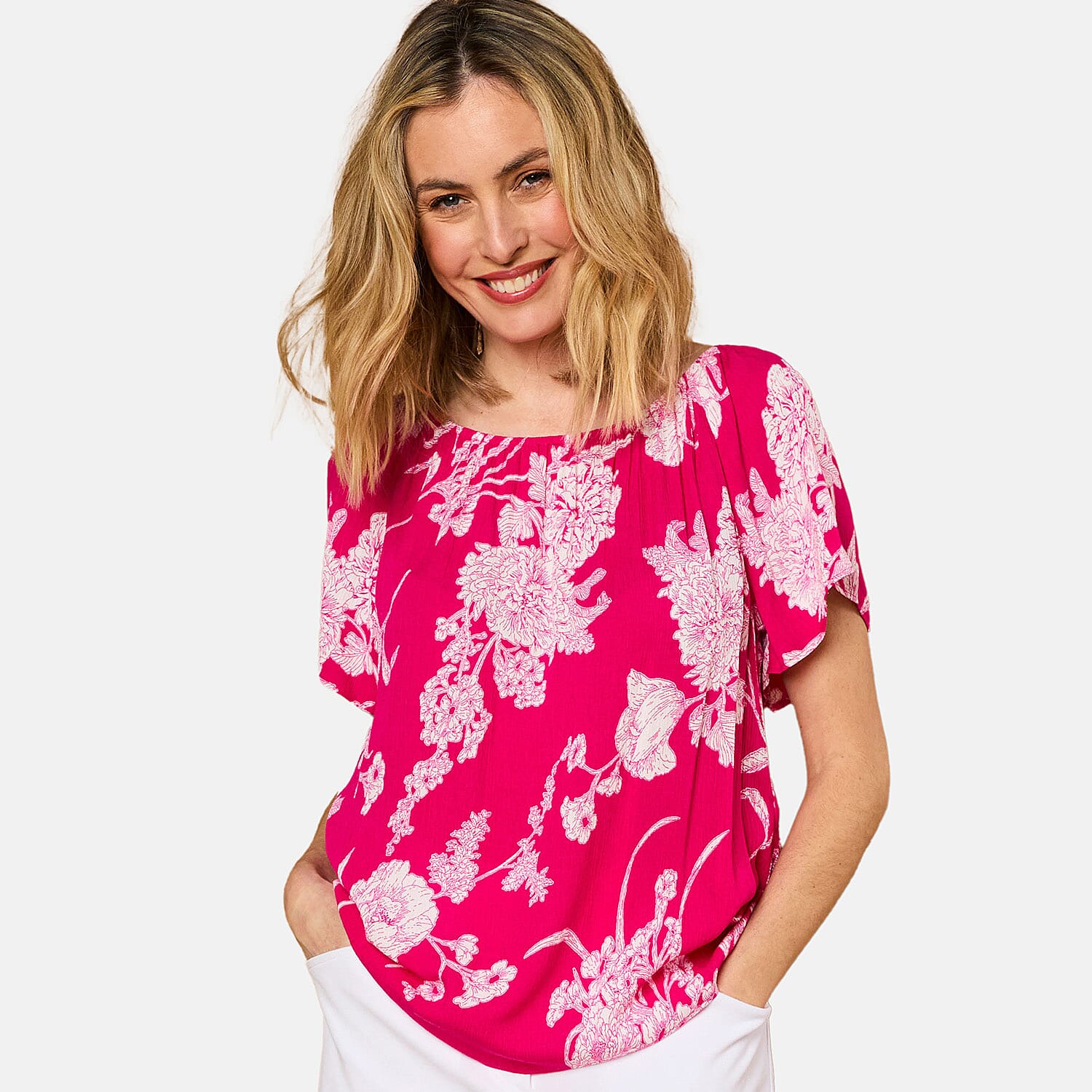 Emreco Short Sleeve Print Off Shoulder Top (Size 12) - Hot Pink