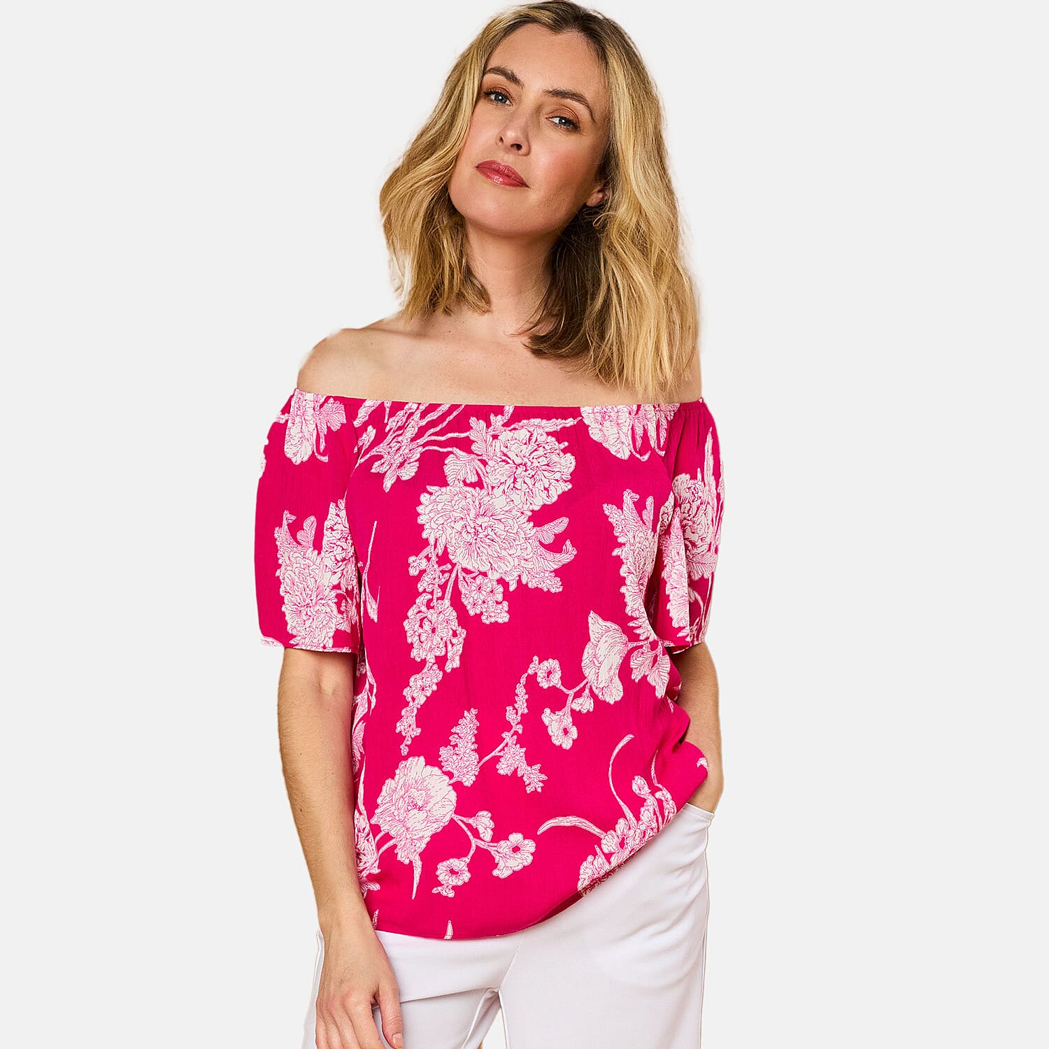 Emreco Short Sleeve Print Off Shoulder Top (Size 12) - Hot Pink