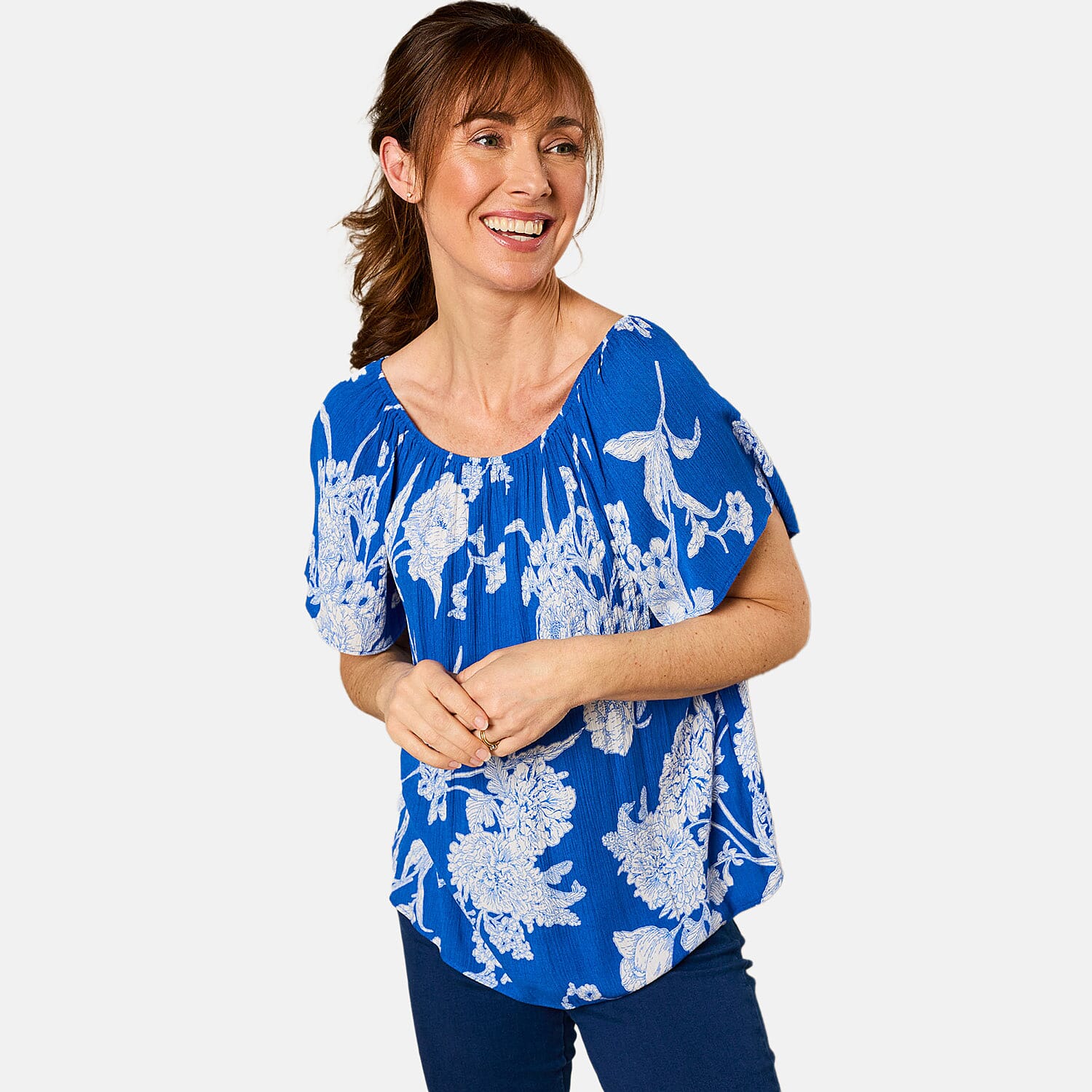 Emreco Short Sleeve Print Off Shoulder Top (Size 16) - Royal Blue