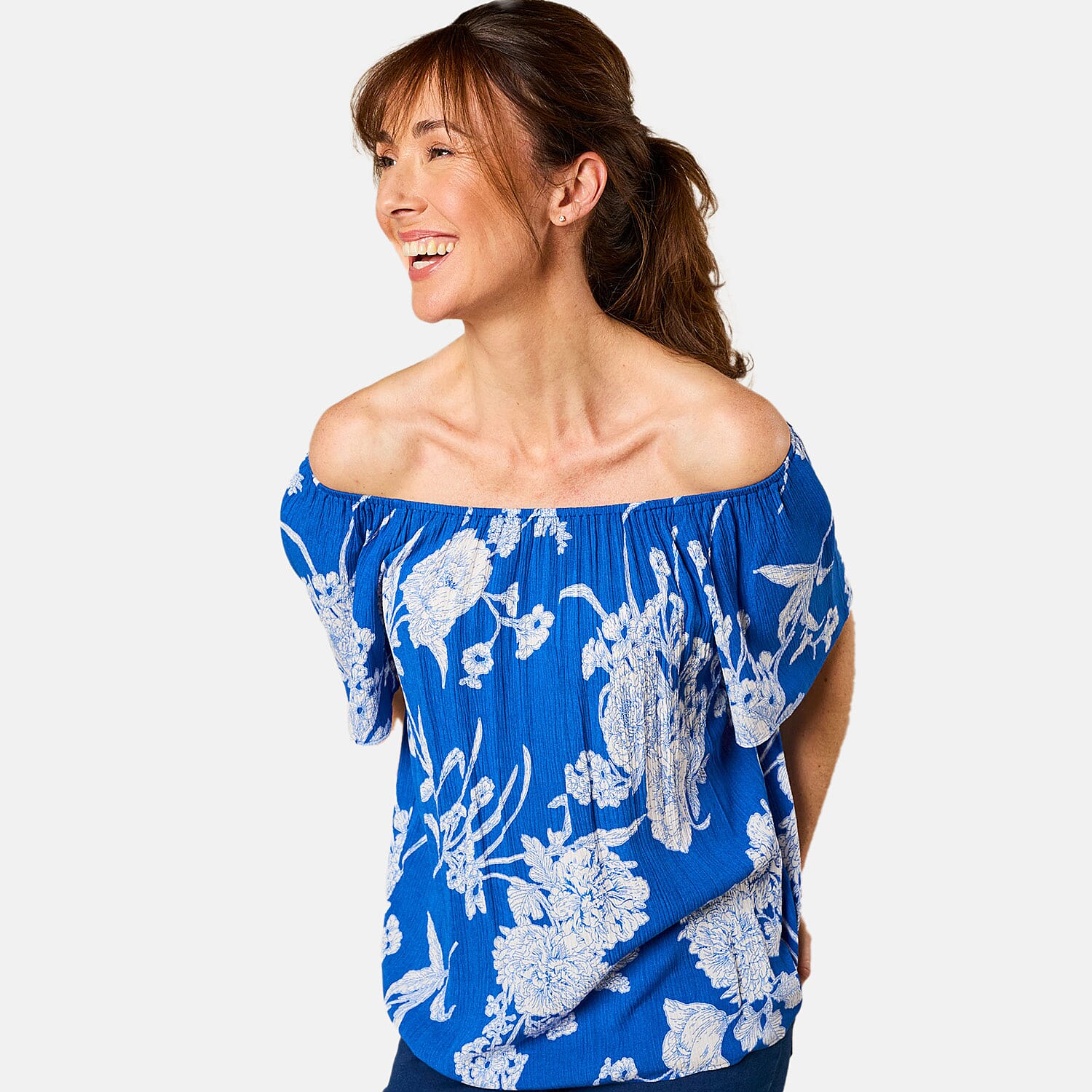 Emreco Short Sleeve Print Off Shoulder Top (Size 16) - Royal Blue