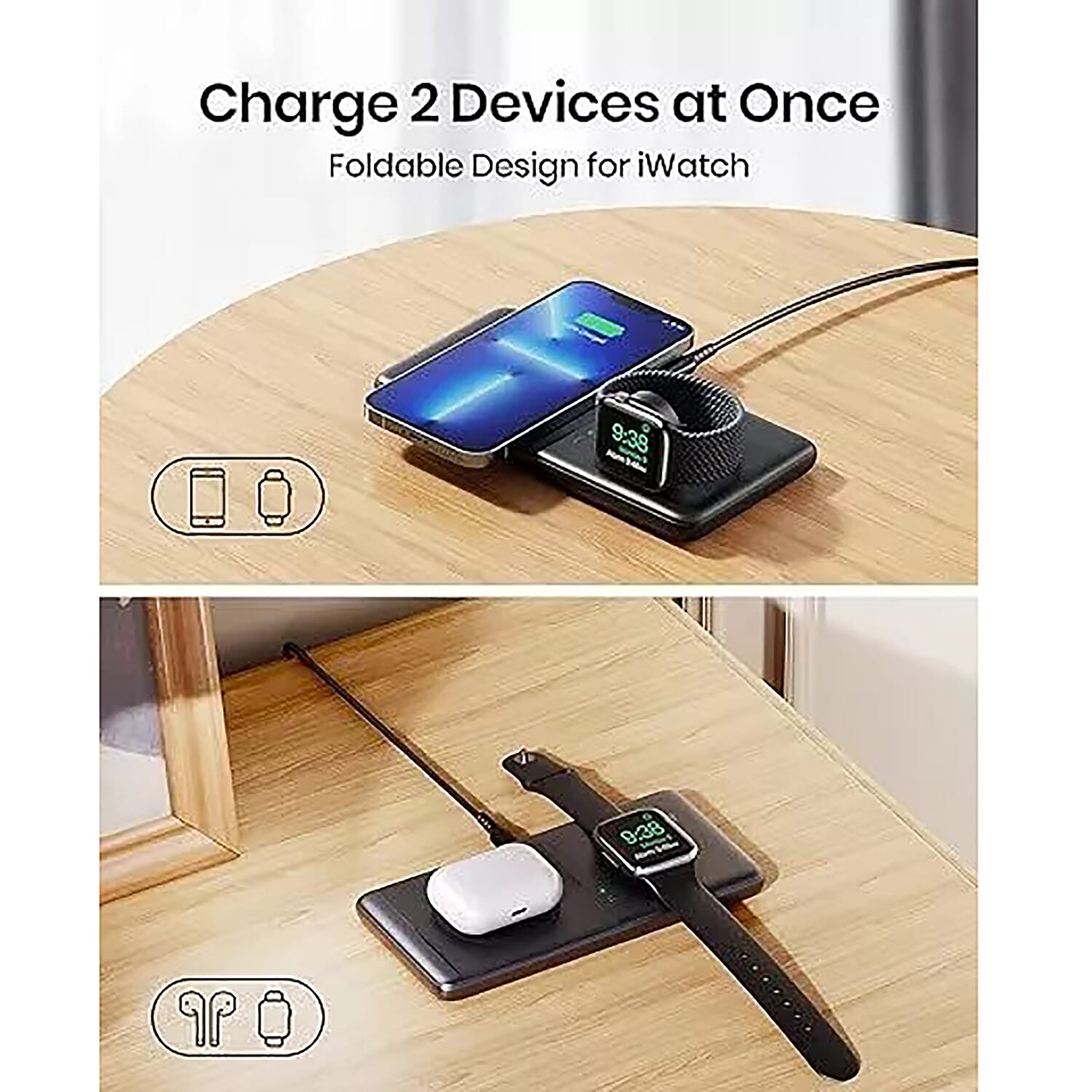 Wireless Charging Station for Phone and Smartwatch - Black