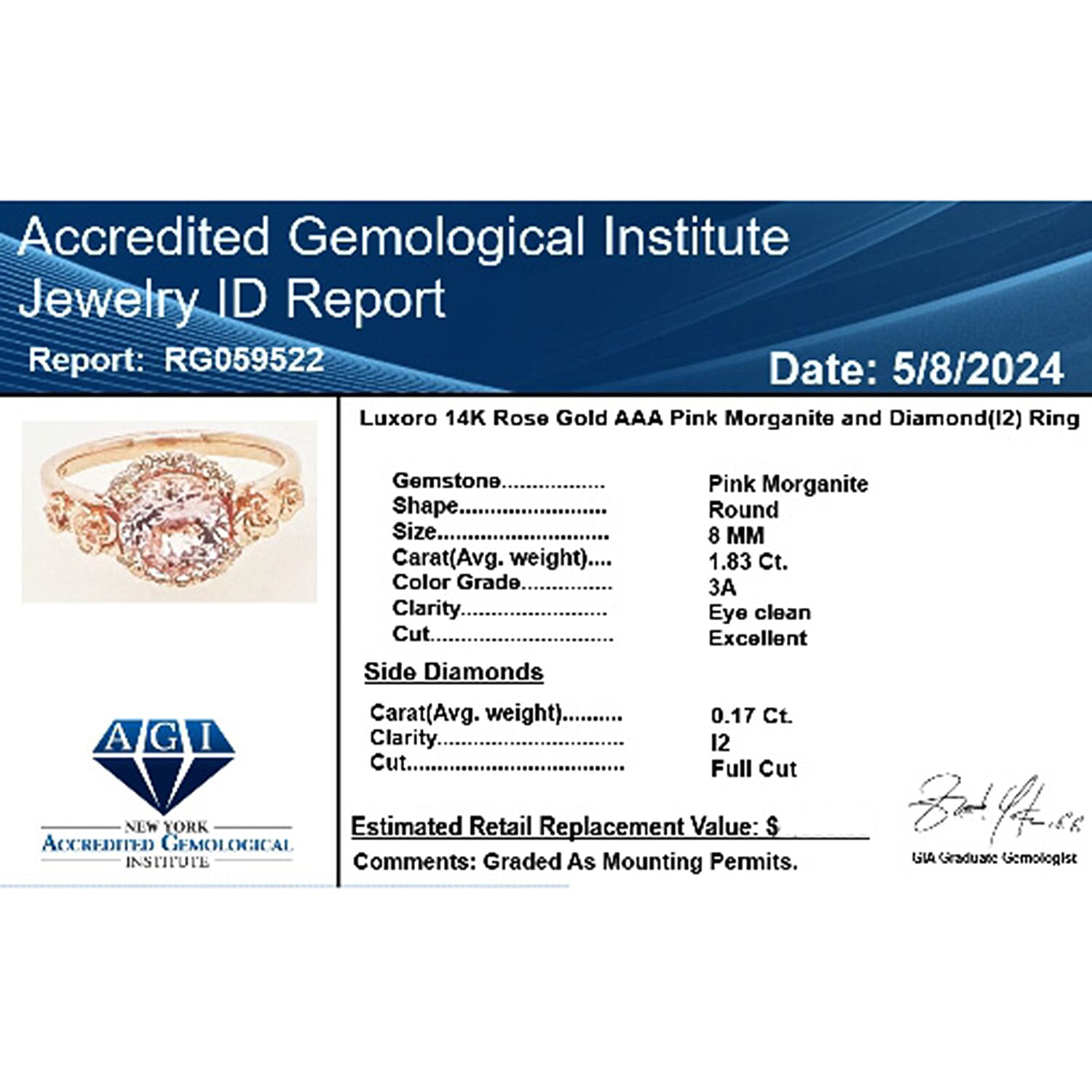 14K Rose Gold  AAA   Pink Morganite ,  White Diamond  I2 Ring 1.90 ct,  Gold Wt. 4.6 Gms  1.900  Ct.