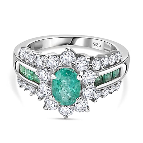 AAA Gemfields Zambian Emerald & White Zircon Ring in Rhodium Overlay Sterling Silver 2.47 Ct.