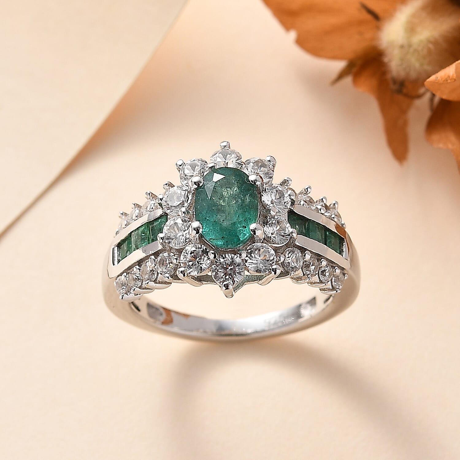 AAA Gemfields Zambian Emerald & White Zircon Ring in Rhodium Overlay Sterling Silver 2.47 Ct.