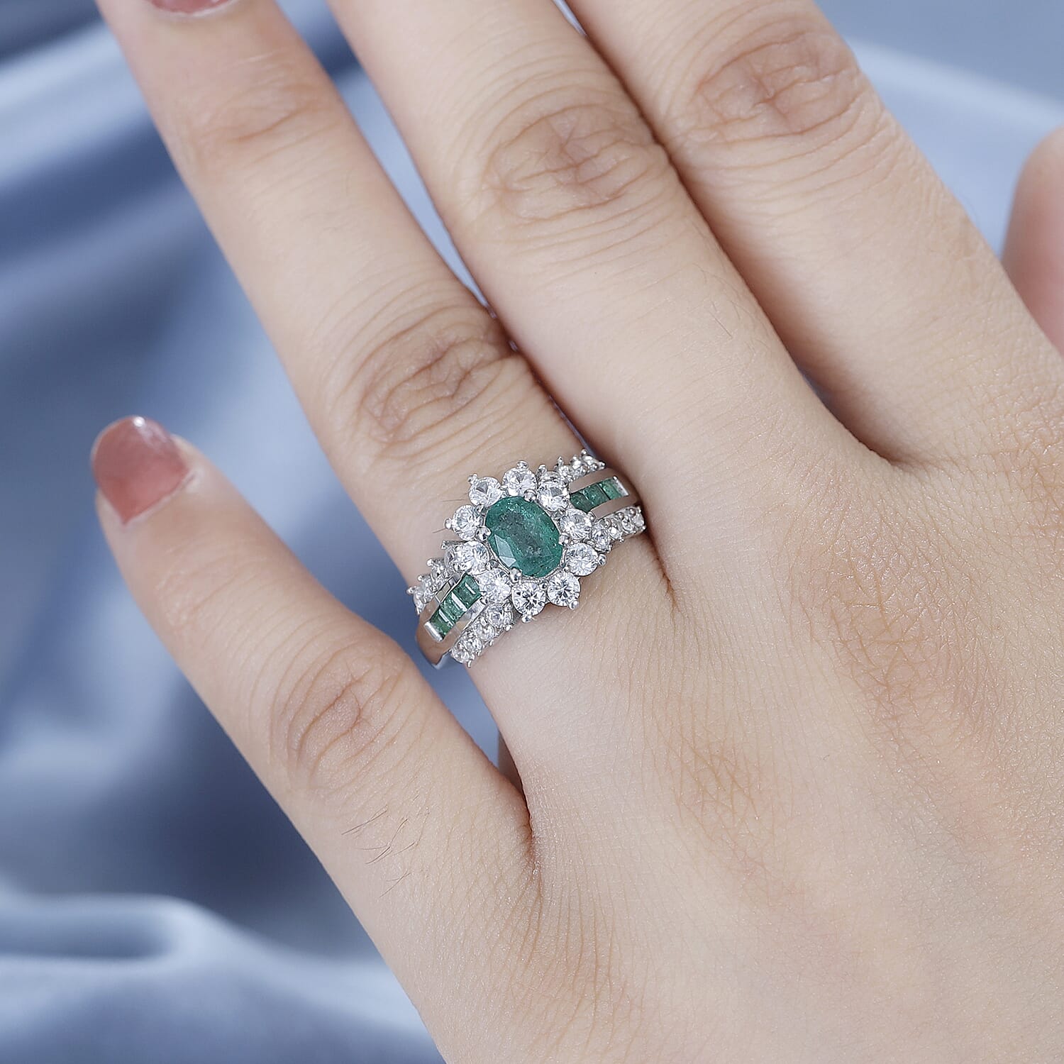 AAA Gemfields Zambian Emerald & White Zircon Ring in Rhodium Overlay Sterling Silver 2.47 Ct.