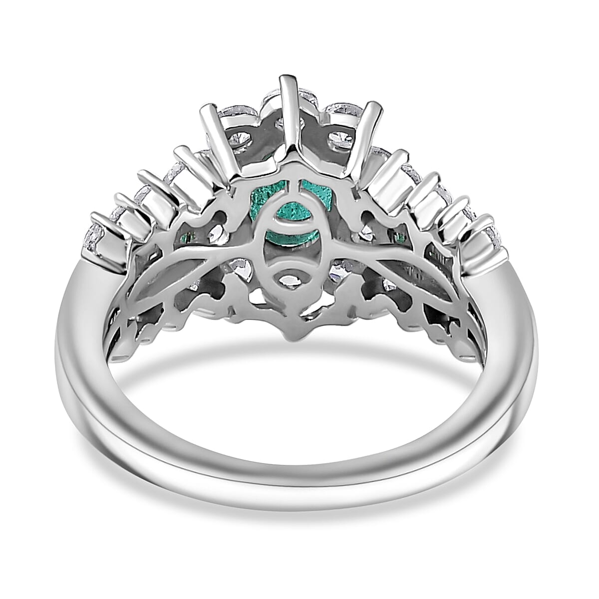 AAA Gemfields Zambian Emerald & White Zircon Ring in Rhodium Overlay Sterling Silver 2.47 Ct.