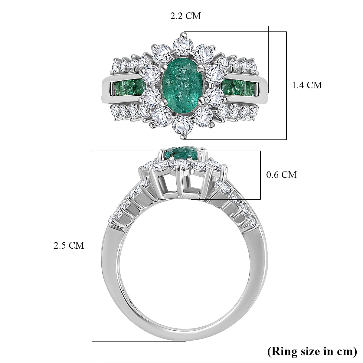 AAA Gemfields Zambian Emerald & White Zircon Ring in Rhodium Overlay Sterling Silver 2.47 Ct.