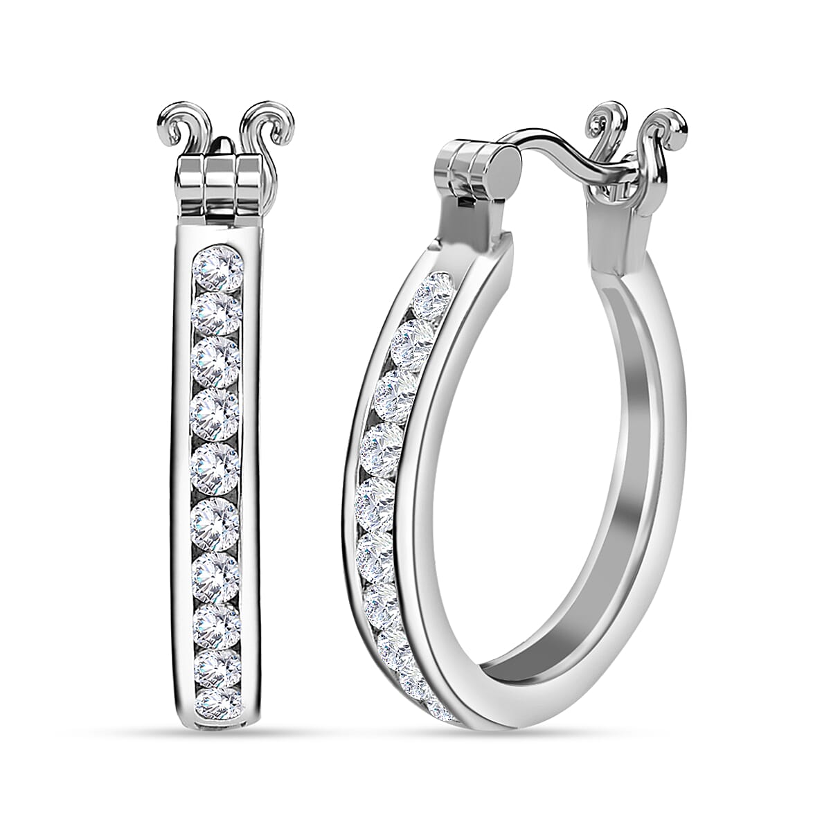 Moissanite Hoop Earrings in Rhodium Overlay Sterling Silver