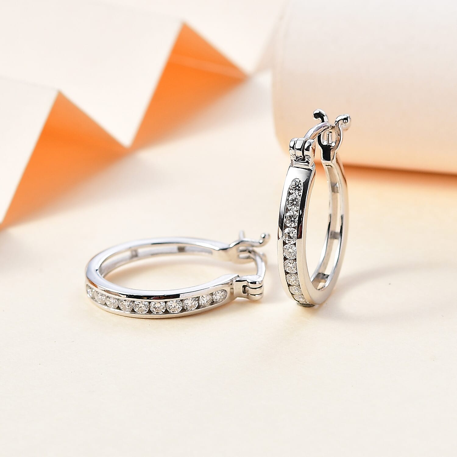 Moissanite Hoop Earrings in Rhodium Overlay Sterling Silver
