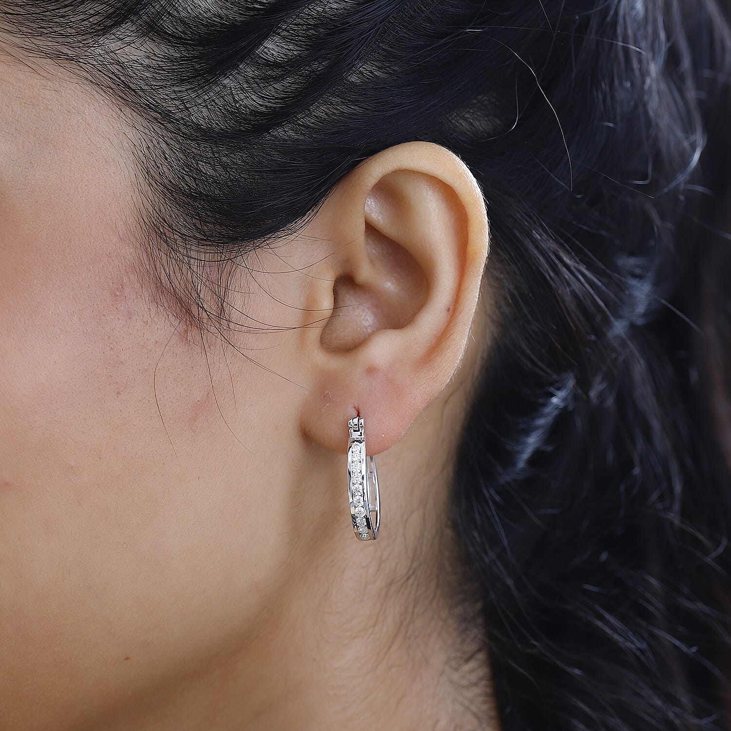 Moissanite Hoop Earrings in Rhodium Overlay Sterling Silver