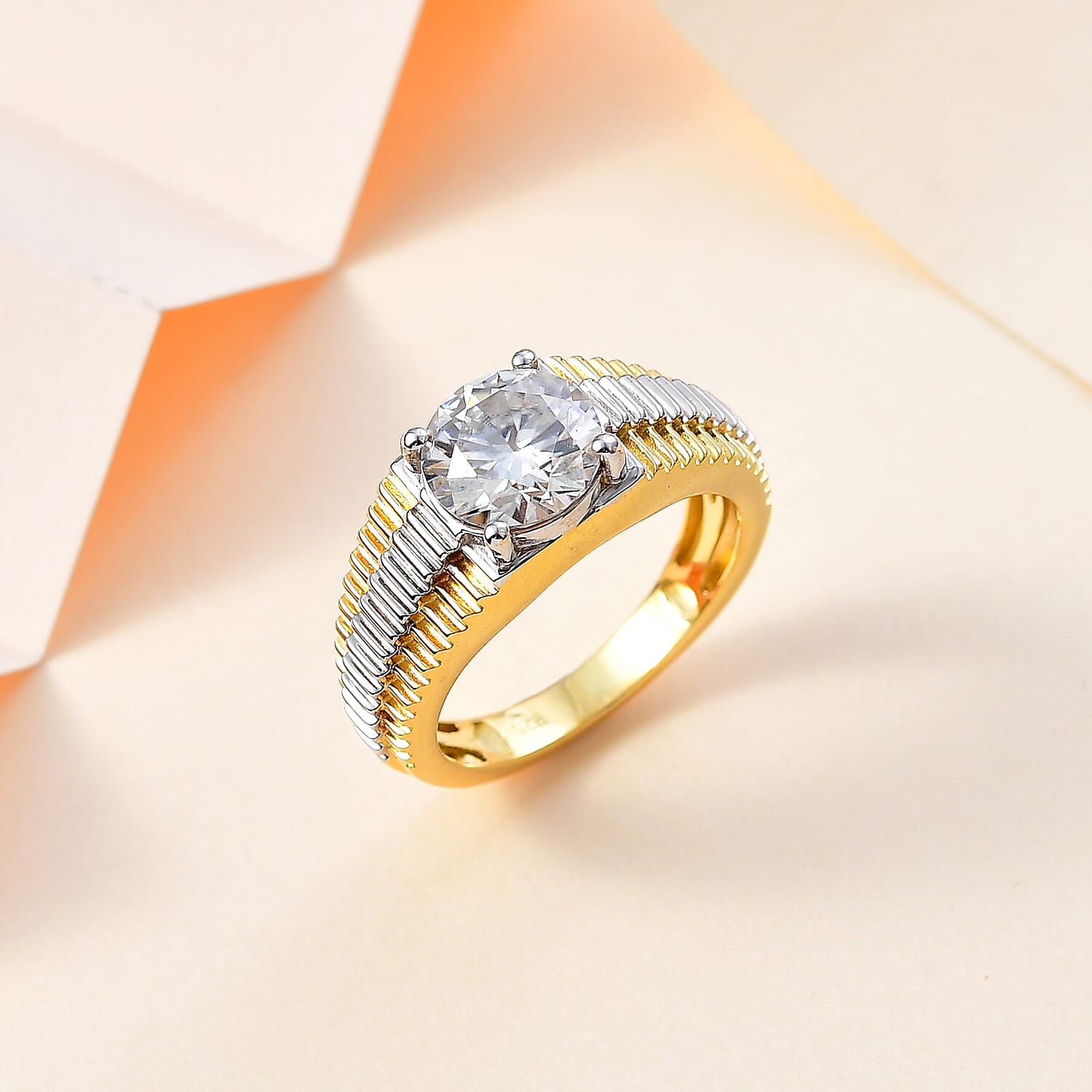 Moissanite Mens Ring in 18K Vermeil YG Plated Sterling Silver 2.50 Ct, Silver Wt. 6.82 Gms