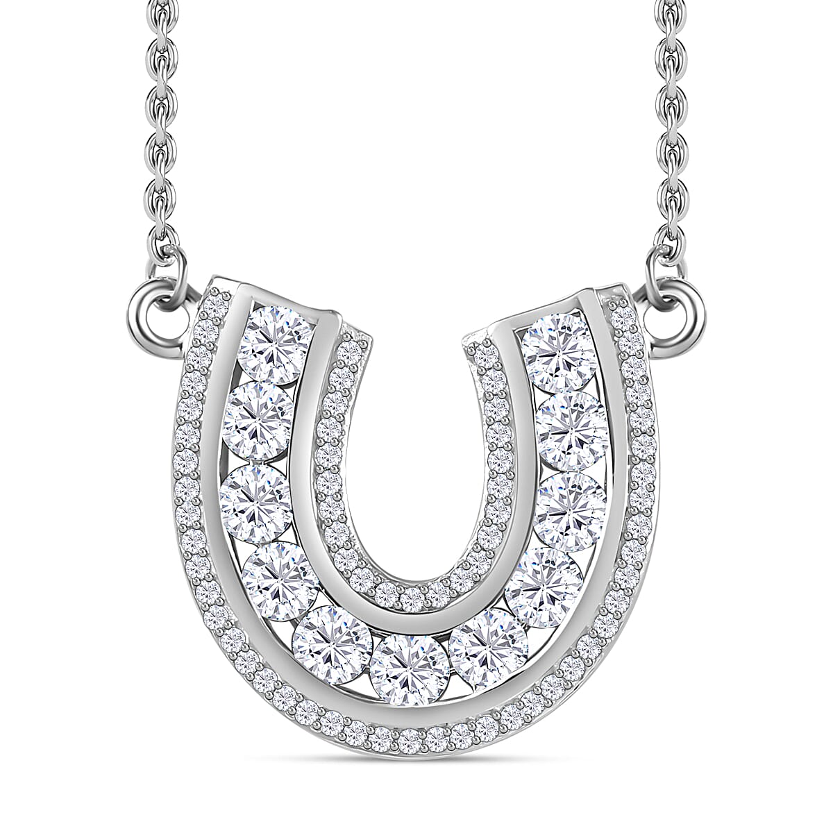 Moissanite Horseshoe Necklace (Size - 20) in Rhodium Overlay Sterling Silver