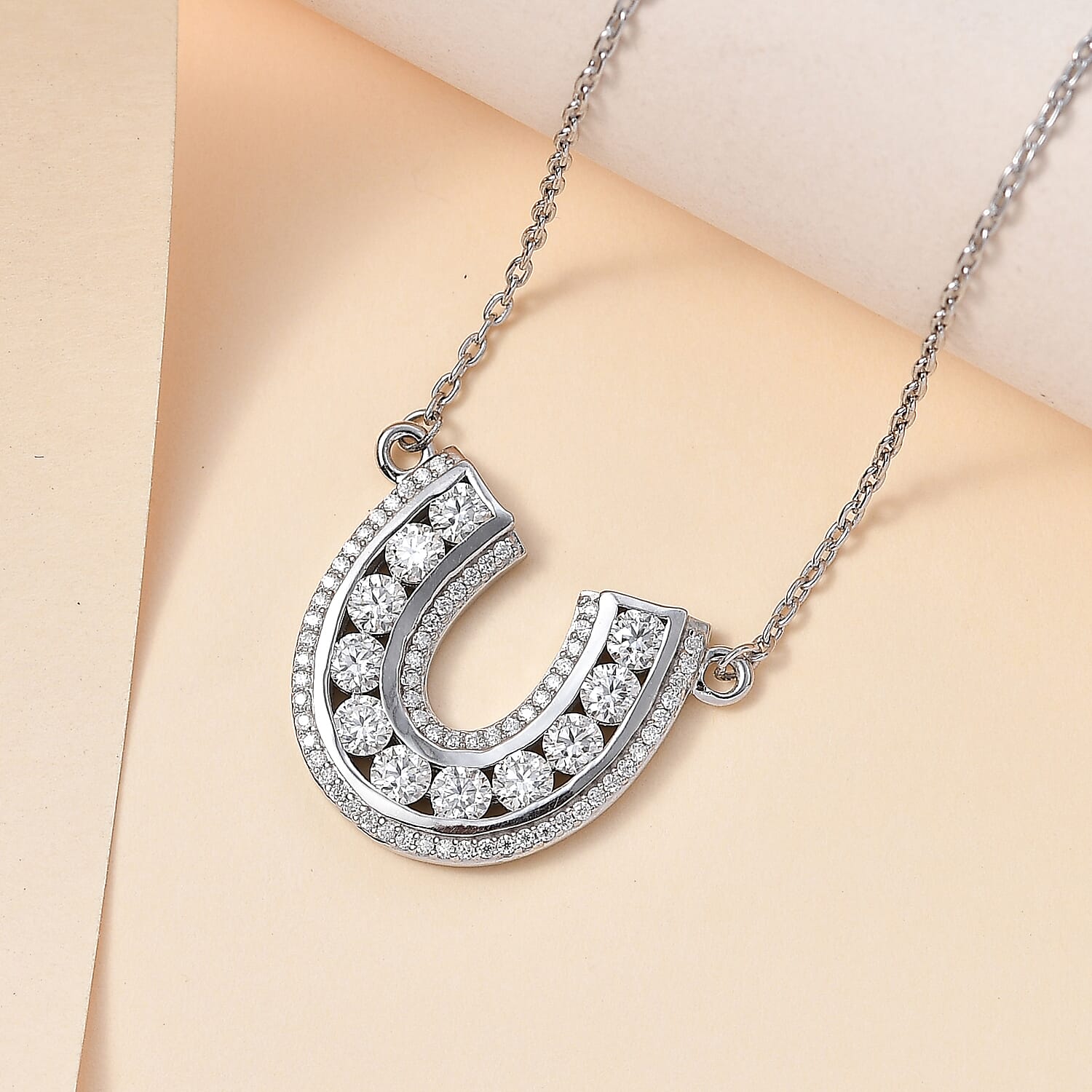 Moissanite Horseshoe Necklace (Size - 20) in Rhodium Overlay Sterling Silver