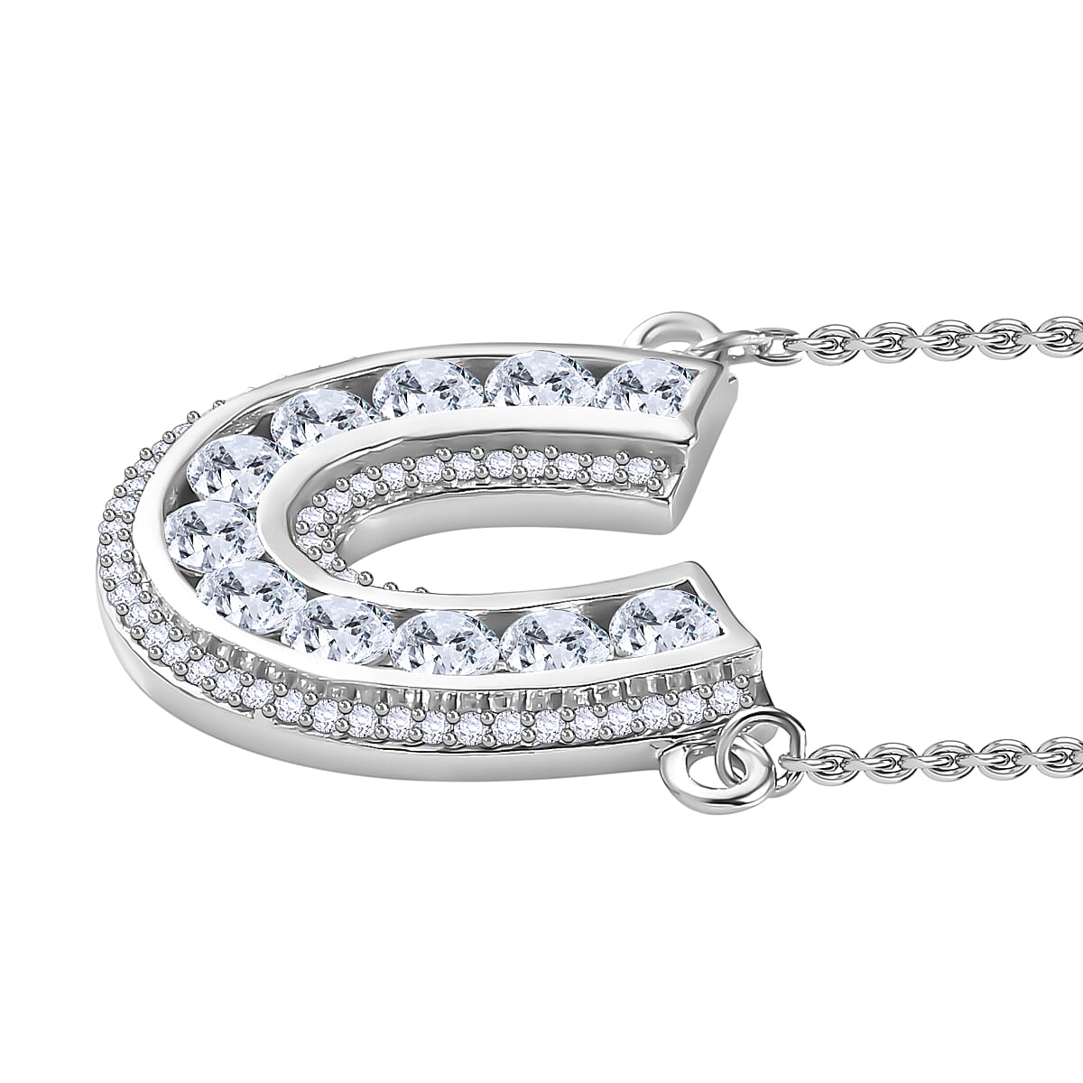 Moissanite Horseshoe Necklace (Size - 20) in Rhodium Overlay Sterling Silver